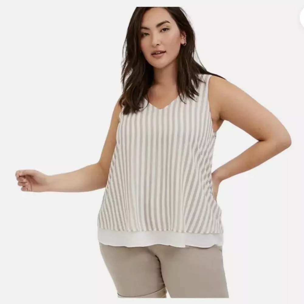 NWT Torrid Georgette Double Layer Swing Tank Tan White Striped Women's L